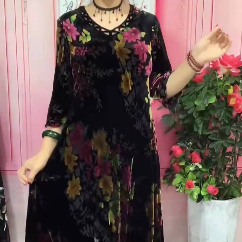 蚕丝鸡心花兰领修身显瘦妈妈装连衣裙