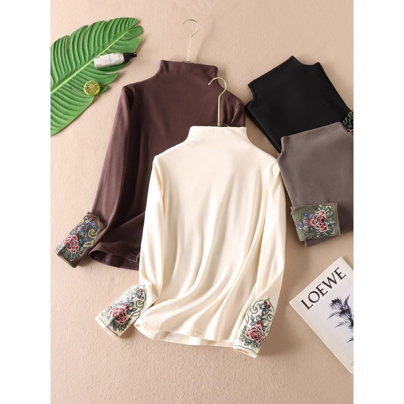 罗蒙双面磨毛德绒打底衫女秋冬复古民族风半高领新中式刺绣长袖恤