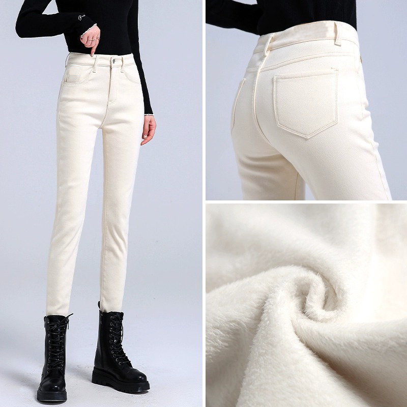 罗蒙米白色加绒加厚牛仔裤女士小脚冬季高腰显瘦弹力九分紧身铅笔