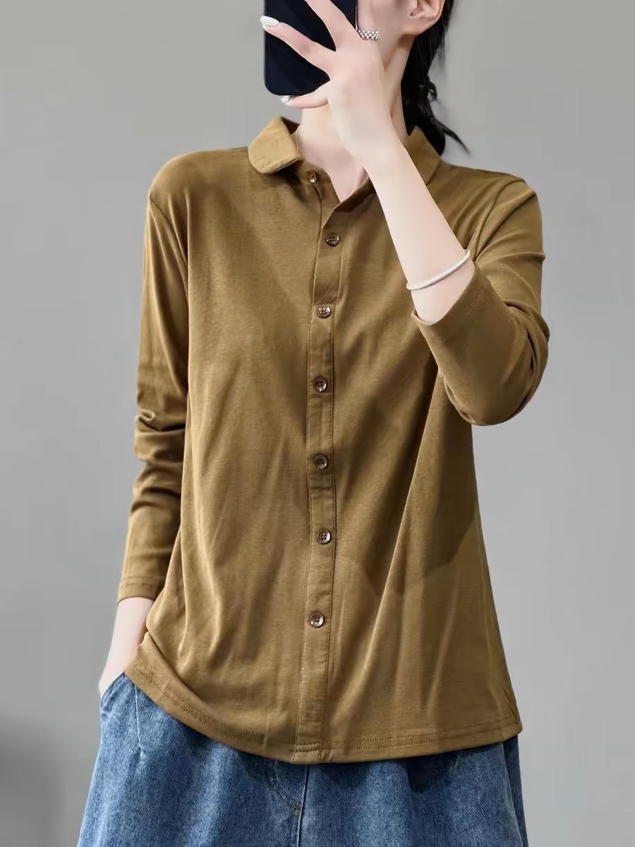 双面澳绒 秋冬新款复古翻领衬衫女气质保暖长袖纯色衬衣打底上衣