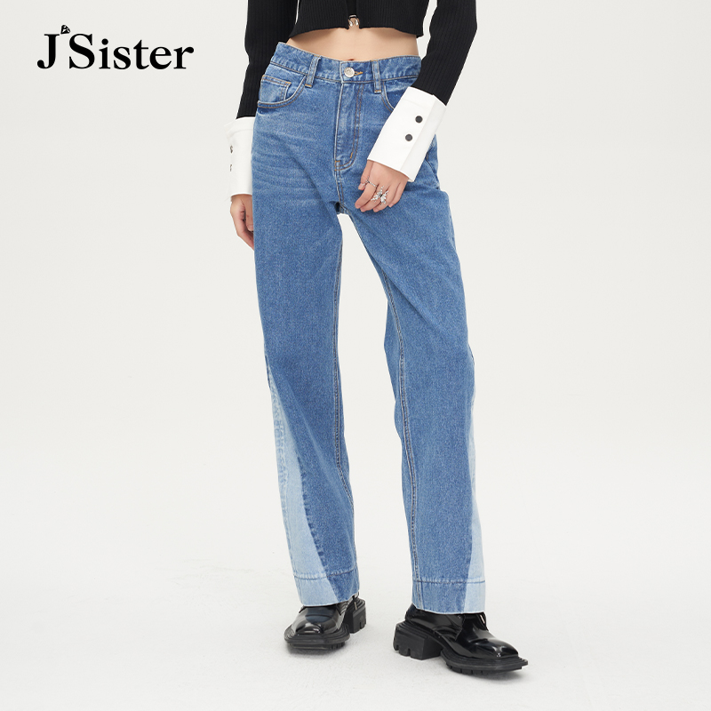 jsister春季新款牛仔裤 JS女装时尚休闲水洗拼接宽松弹力直筒裤