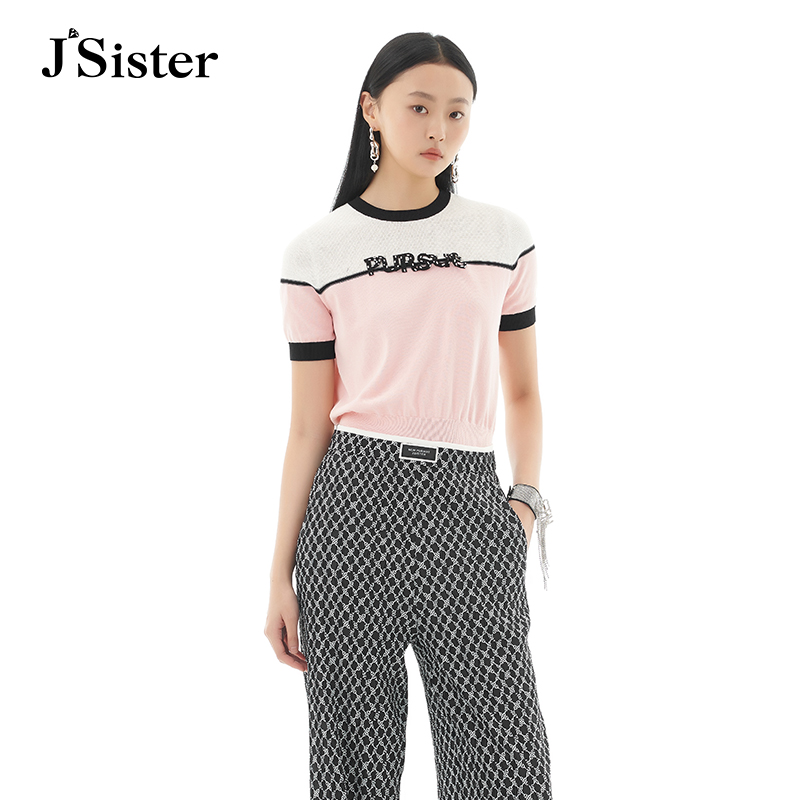 jsister夏季新品针织衫 JS女装时尚休闲百搭拼接印花圆领上衣