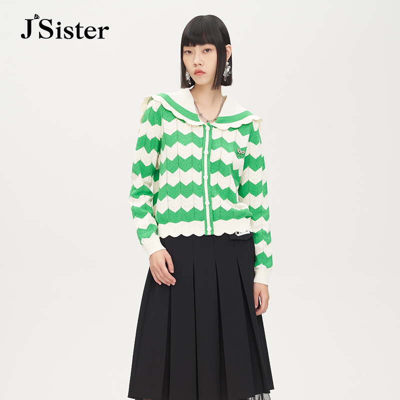 jsister春季新款针织衫 JS女装时尚设计感百搭条纹海军领长袖上衣