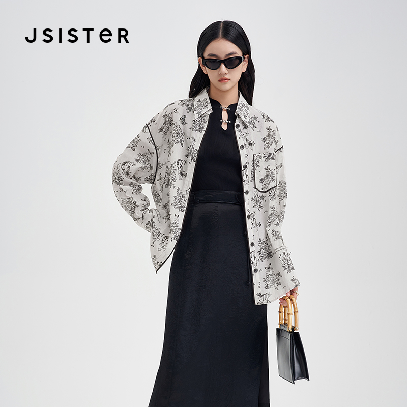 jsister春季新款衬衫 JS女装时尚印花设计感衬衣外套