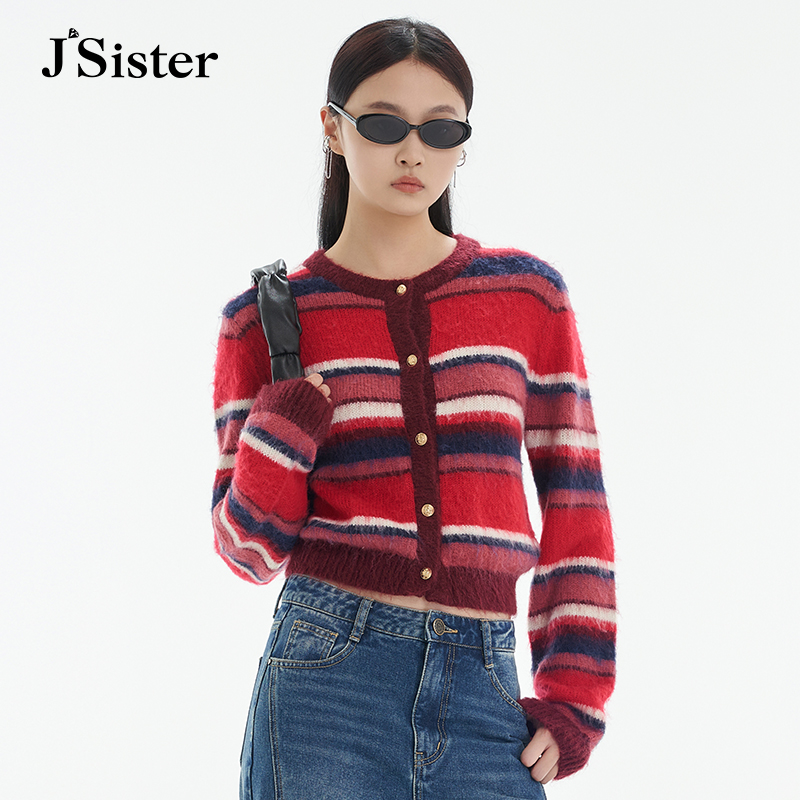 jsister秋季新款针织衫 JS女装时尚设计感红色条纹上衣