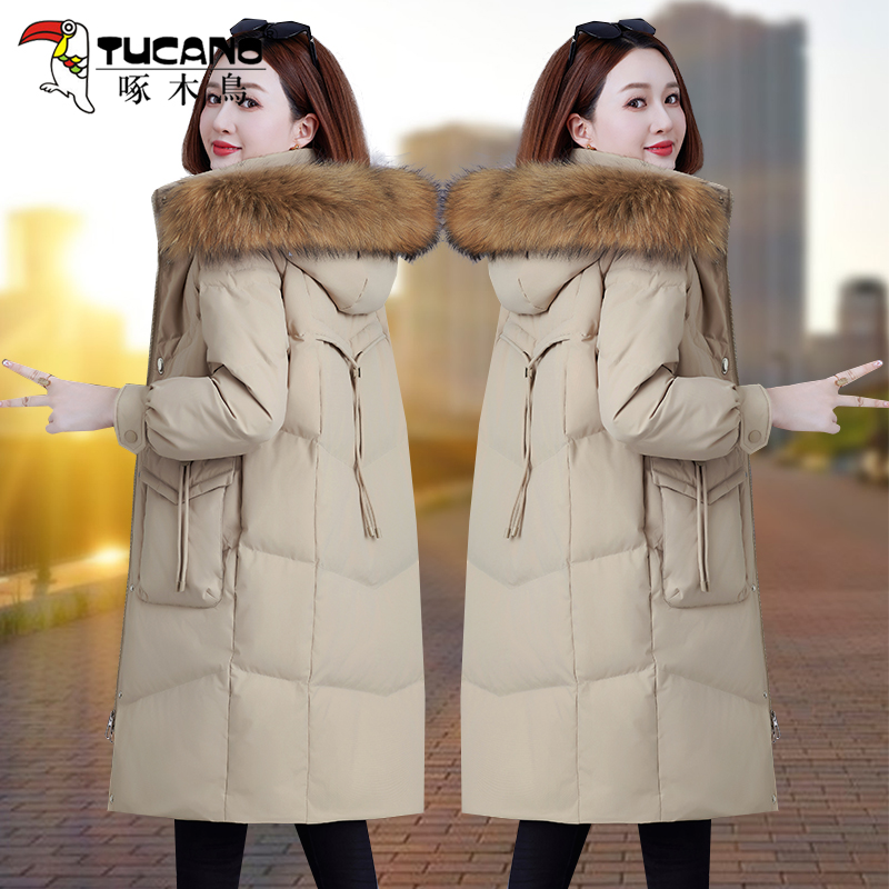 啄木鸟中长款羽绒服女冬季新款2025中年妈妈洋气显瘦加厚保暖外套