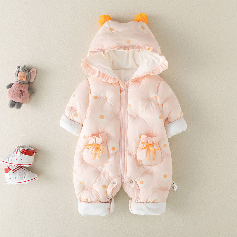 婴儿冬装衣服加厚带帽女宝宝外出爬服抱衣满月公主连体衣秋冬保暖