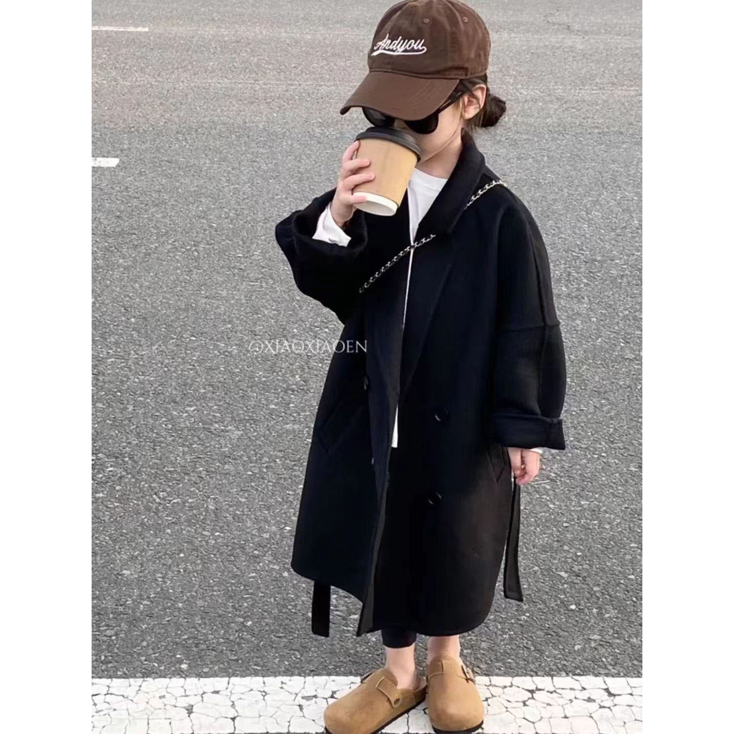 女童2023秋装新款毛呢大衣外套韩版秋冬款儿童黑色中长款呢子大衣