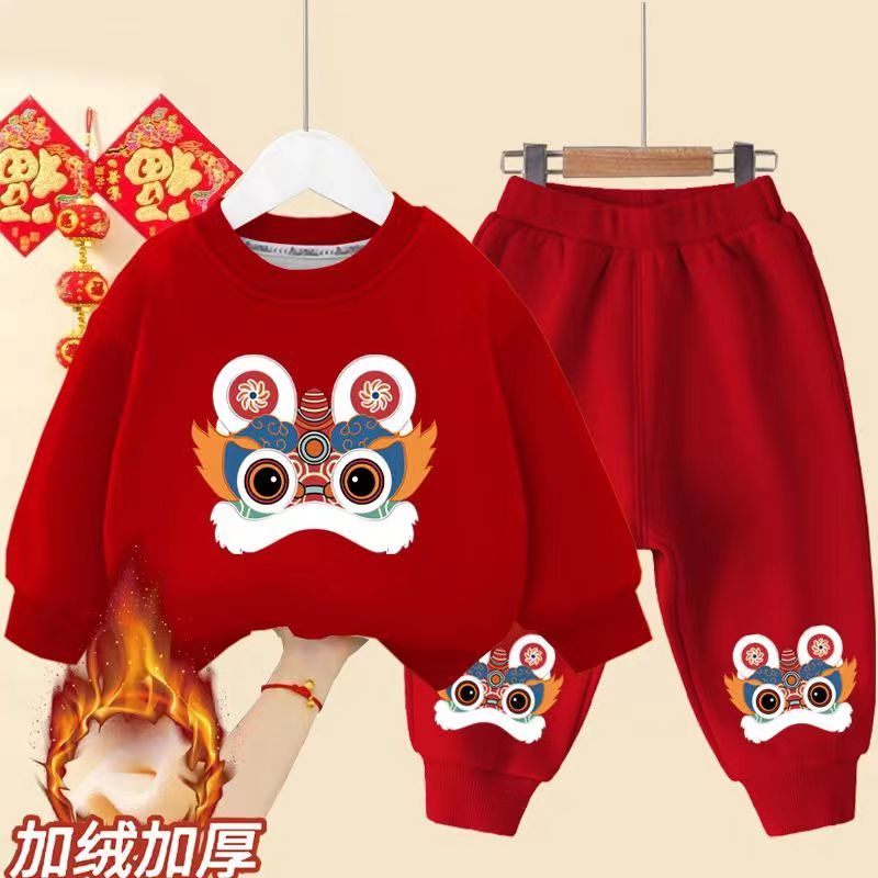 儿童套装秋冬季男女童加绒卫衣中国风2023周岁礼服男宝喜庆拜年服