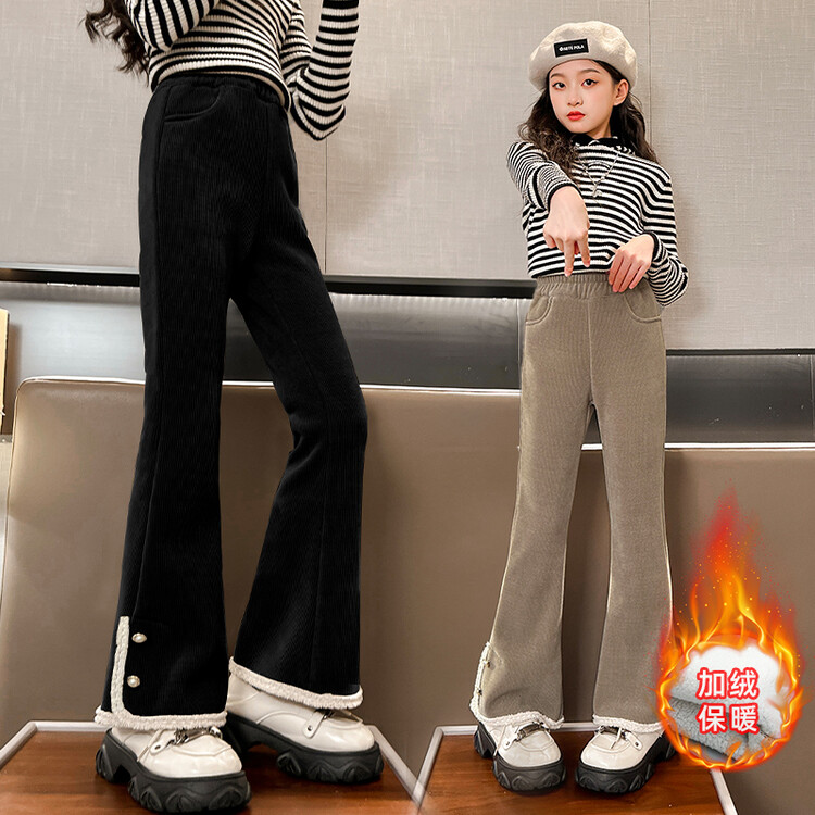 女童加绒裤子秋冬款2023新款冬装儿童一体绒喇叭裤冬季女大童加厚