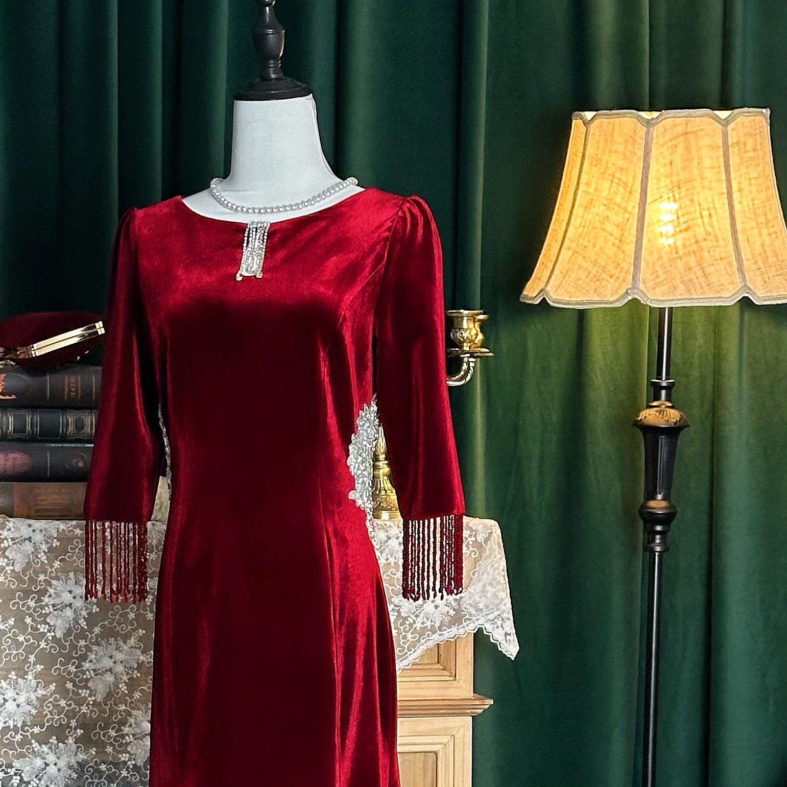 喜鸢秋冬婚礼妈妈礼服喜婆婆喜妈妈丝绒流苏礼服镶钻礼服裙定制