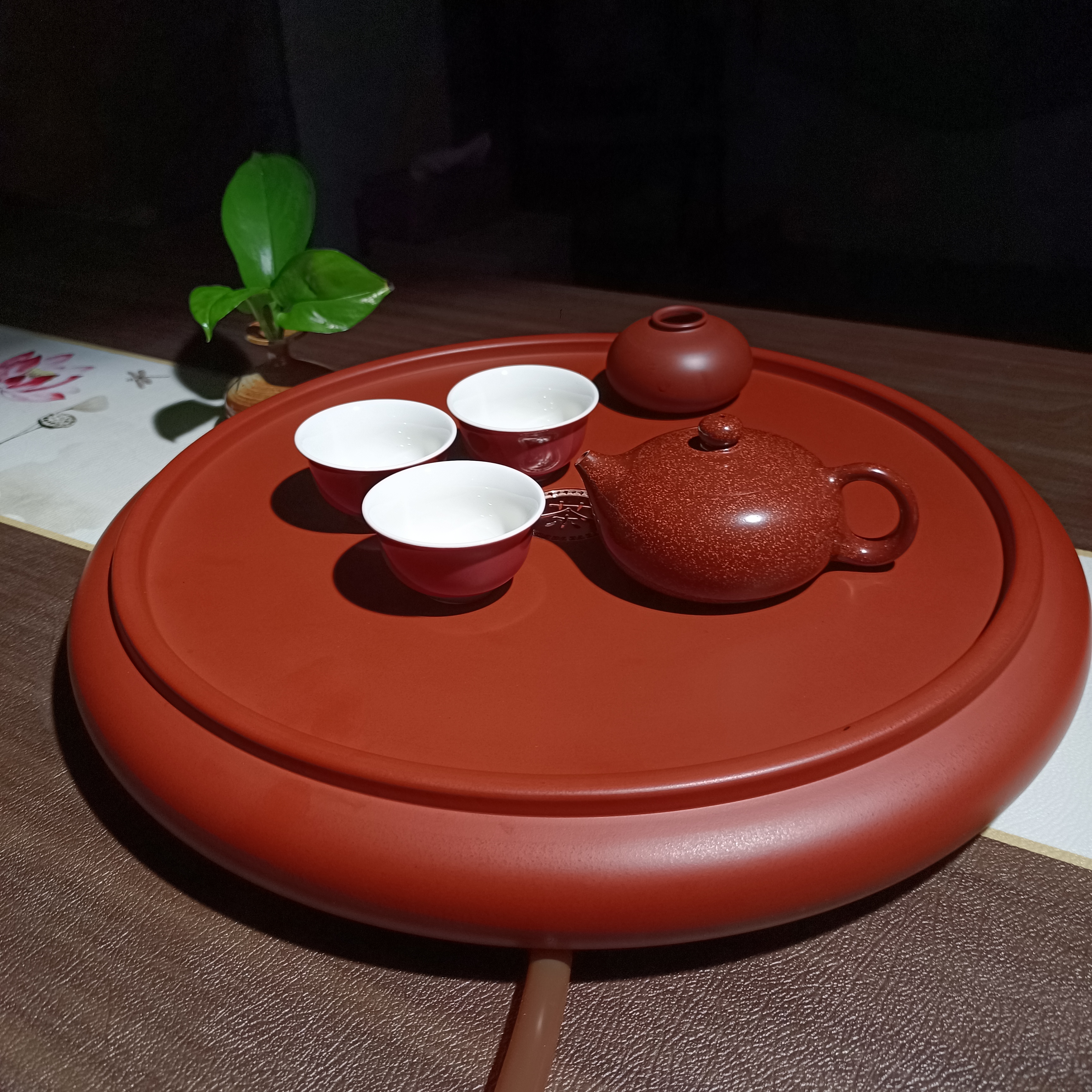 明德园14寸大茶盘 潮汕家用圆形手工朱泥茶海 带排水茶船性价比