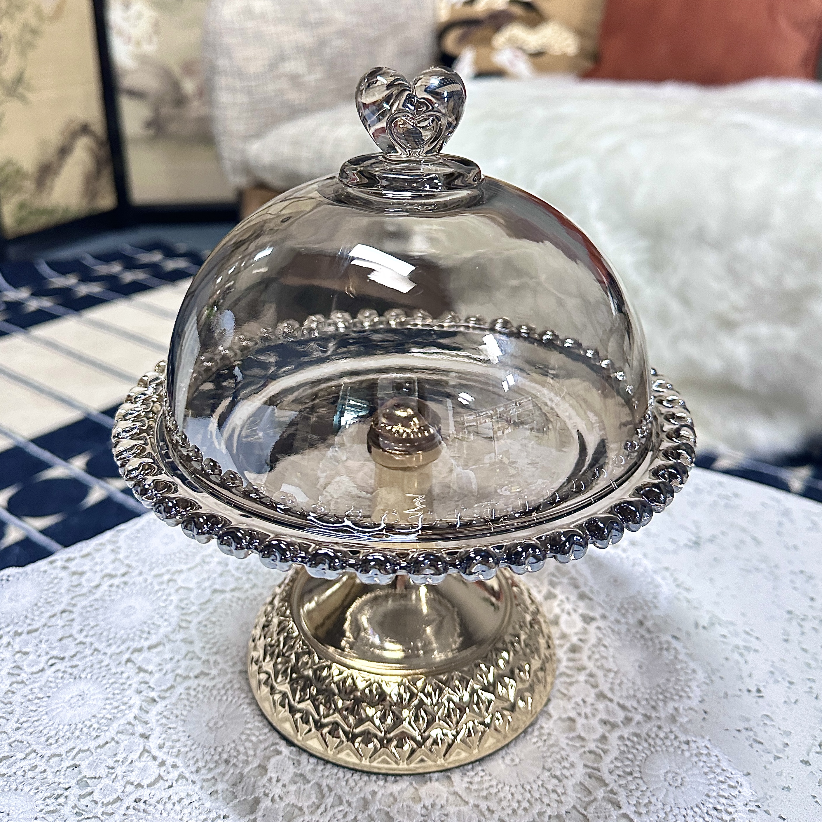 带盖水晶玻璃高级蛋糕盘糖果盘食物盘摆件轻奢复古收纳盒客厅创意