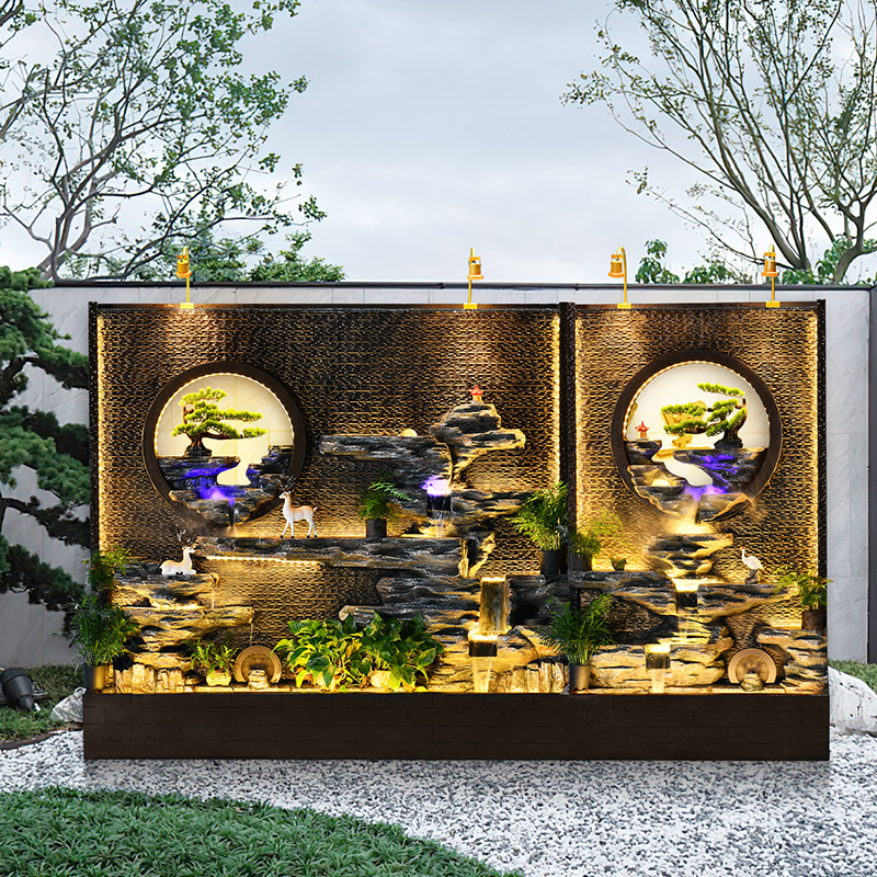 大型水幕墙流水屏风户外别墅花园庭院酒店会所办公室假山喷泉造景