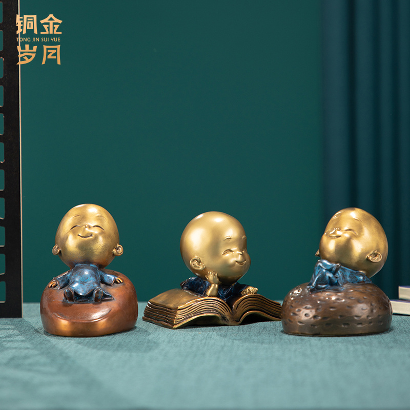 铜金岁月创意智慧小和尚精品黄铜摆件小和尚摆件禅意书房茶桌摆件