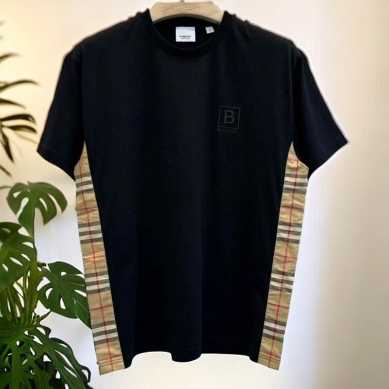 全新未使用 BURBERRY/博柏利 格纹拼接圆领 宽松短袖T恤衫 黑色