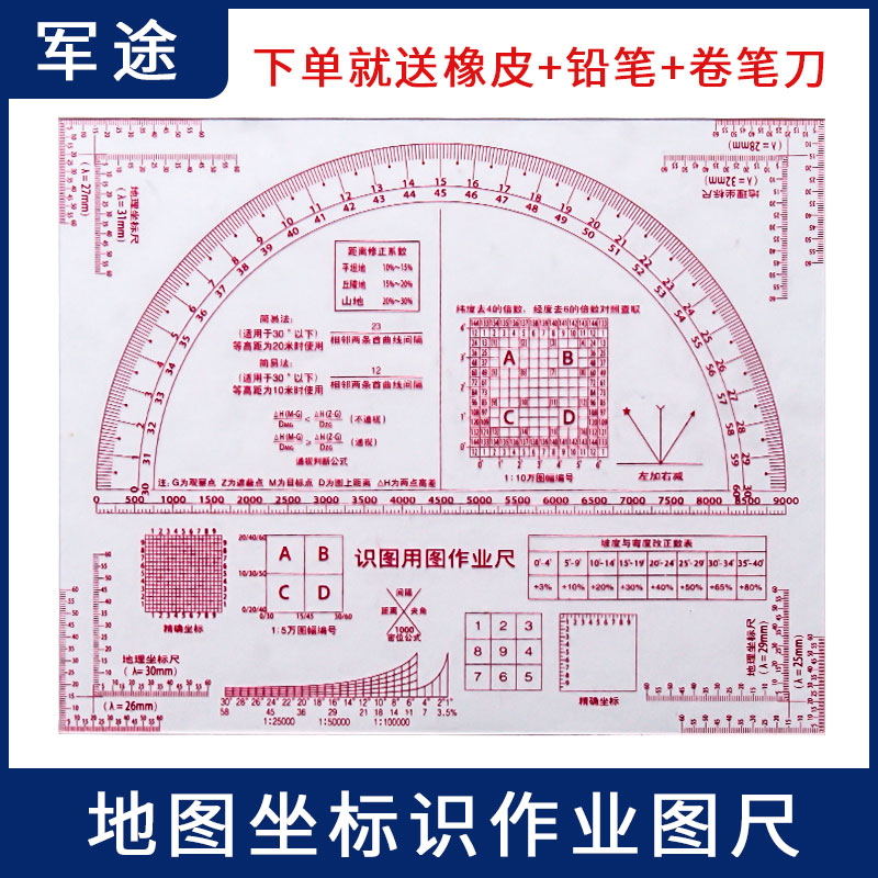 地形学双坐标识图用图尺1:5万地图地理坐标尺测量尺炮兵作图工具