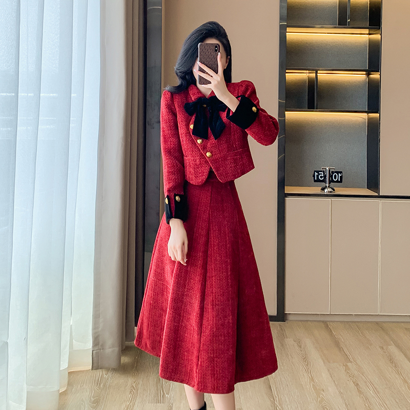121小夕冬季名媛蝴蝶结小香风保暖外套气质鱼尾半身裙法式套装裙a