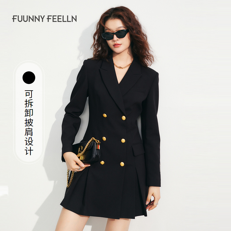 FF仿佛秋季长袖连衣裙女黑色气质高腰显瘦中长款FF01495W0