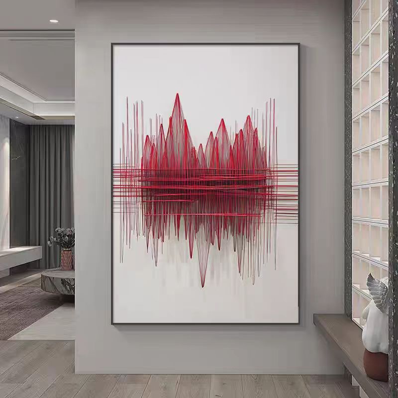 红色山峰客厅走廊过道挂画现代抽象沙发背景墙电箱遮挡装饰画