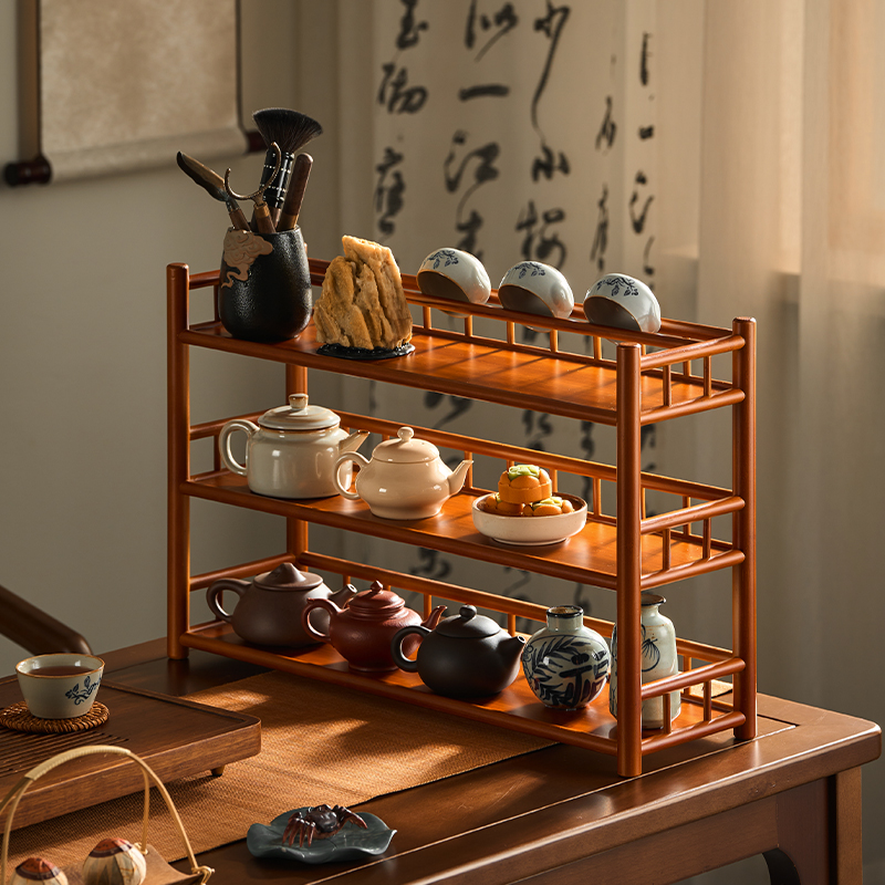 寄家桌面小博古架新中式复古茶杯收纳架子紫砂壶架三层沥水烟熏色