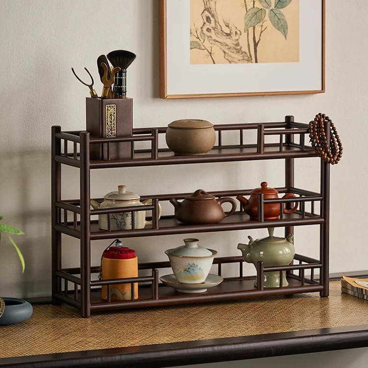 寄家茶壶架子置物架茶台桌面收纳架茶叶罐茶具茶杯架带屏栏