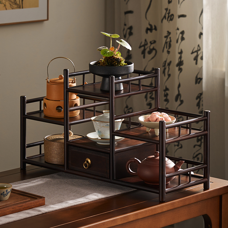 桌面收纳盒储物盒小型干果茶点多功能望山杯架单抽紫檀色