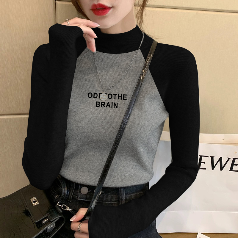 半高领韩版新款德绒打底衫秋冬灰色正肩修身显瘦插肩t恤女款长袖