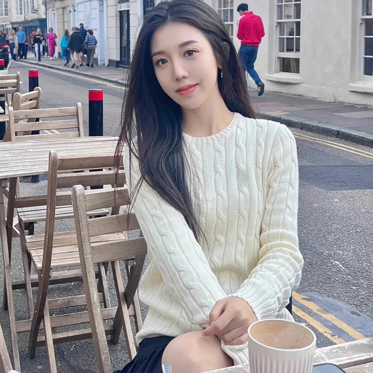 娟申圆领针织上衣春秋冬年法式设计小众长袖针织衫百搭显瘦