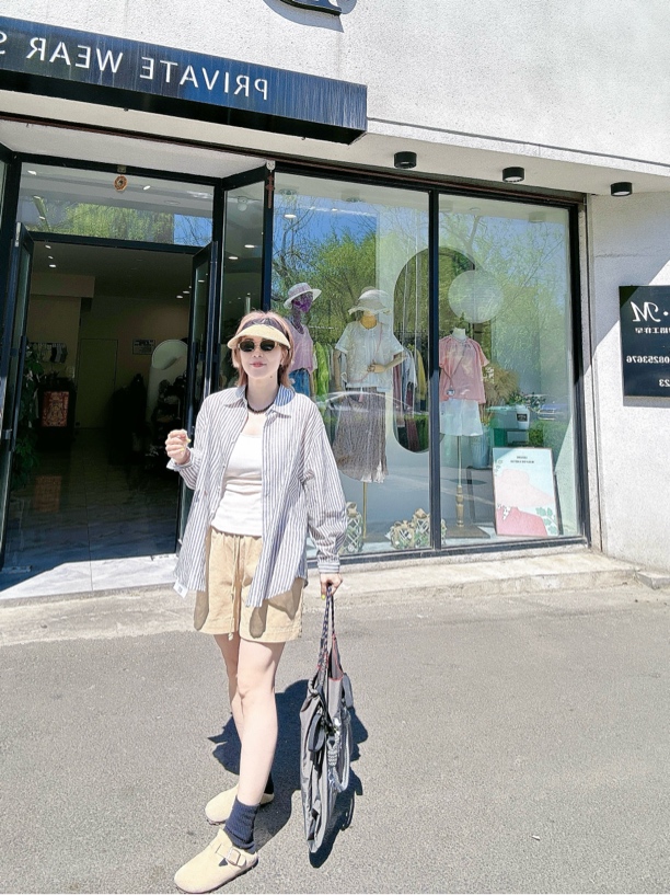 DM2024夏季新款防晒条纹棉麻衬衫