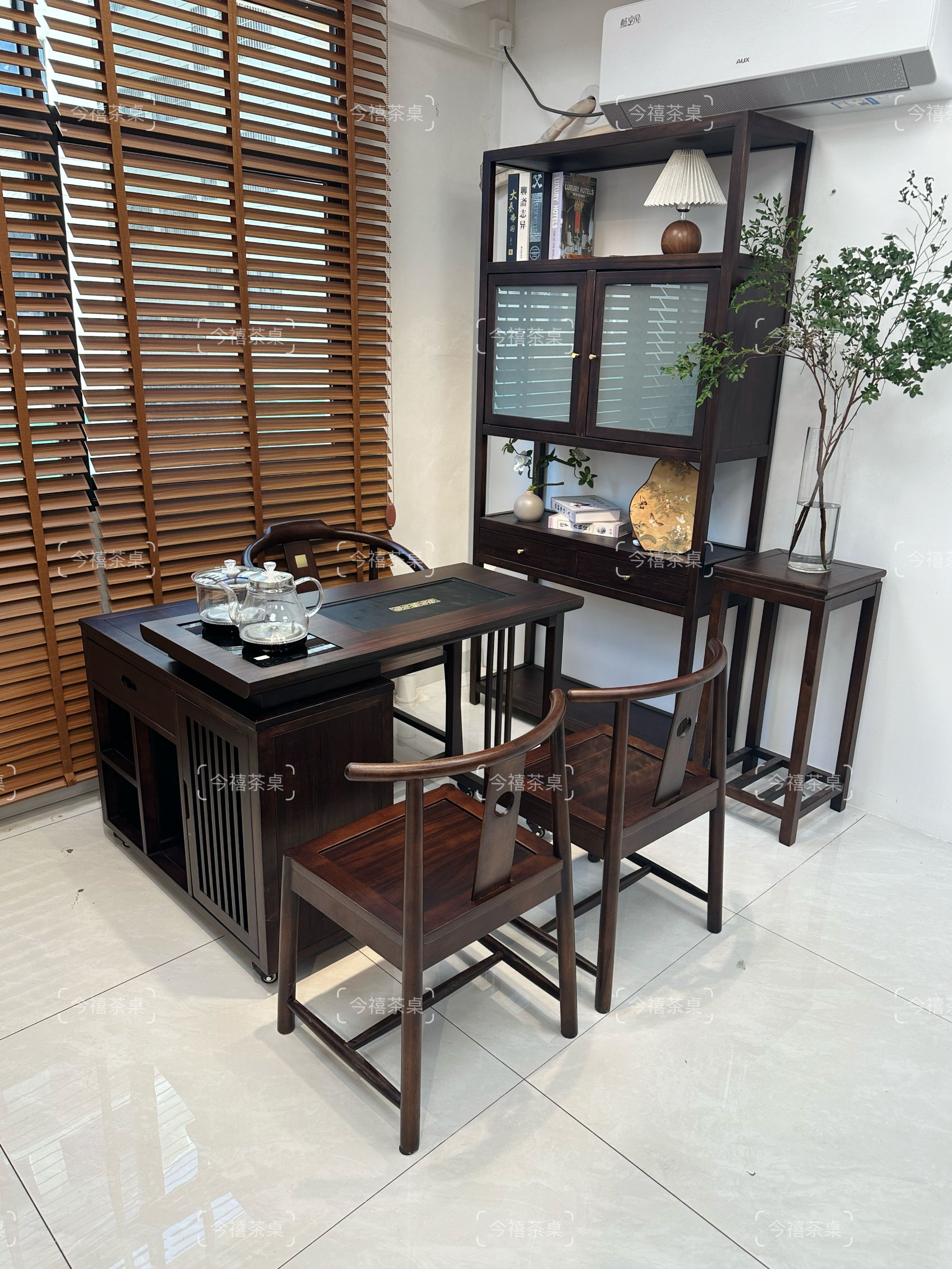 乌金木乌金石新中式旋转二代阳台客厅办公茶台书房茶桌椅实木茶台