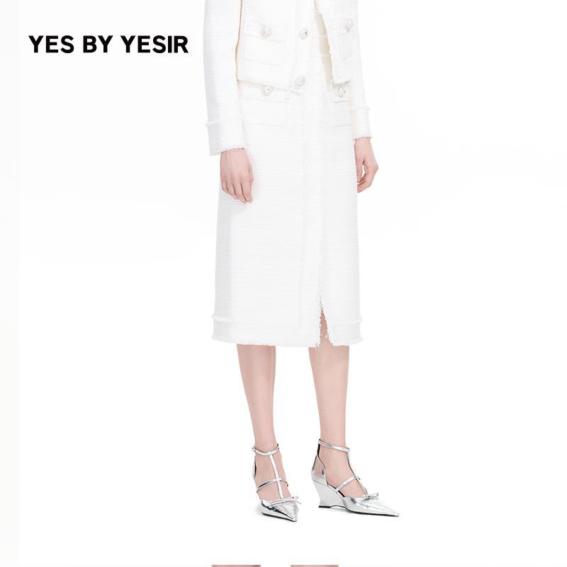 叶谦原创设计早春新款白玫瑰千金香风开衩半身裙YDFLC16022