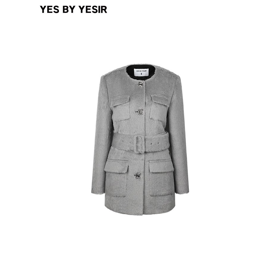 YES BY YESIR叶谦秋冬迷雾灰羊驼毛呢外套气质大衣23FLC18123