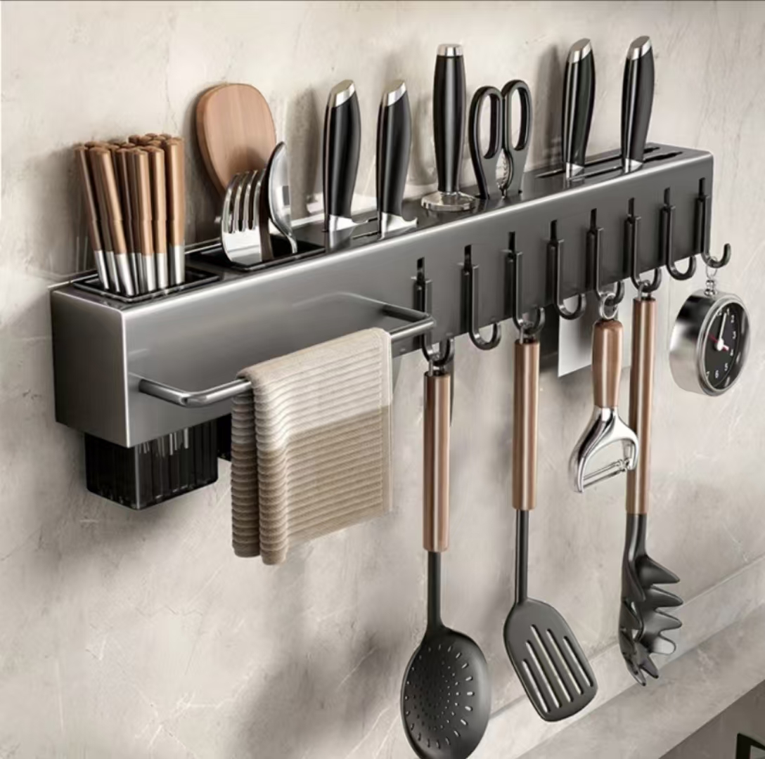 厨房置物架免打孔壁挂式刀具置物架不锈钢筷子筒多功能厨房架沥水