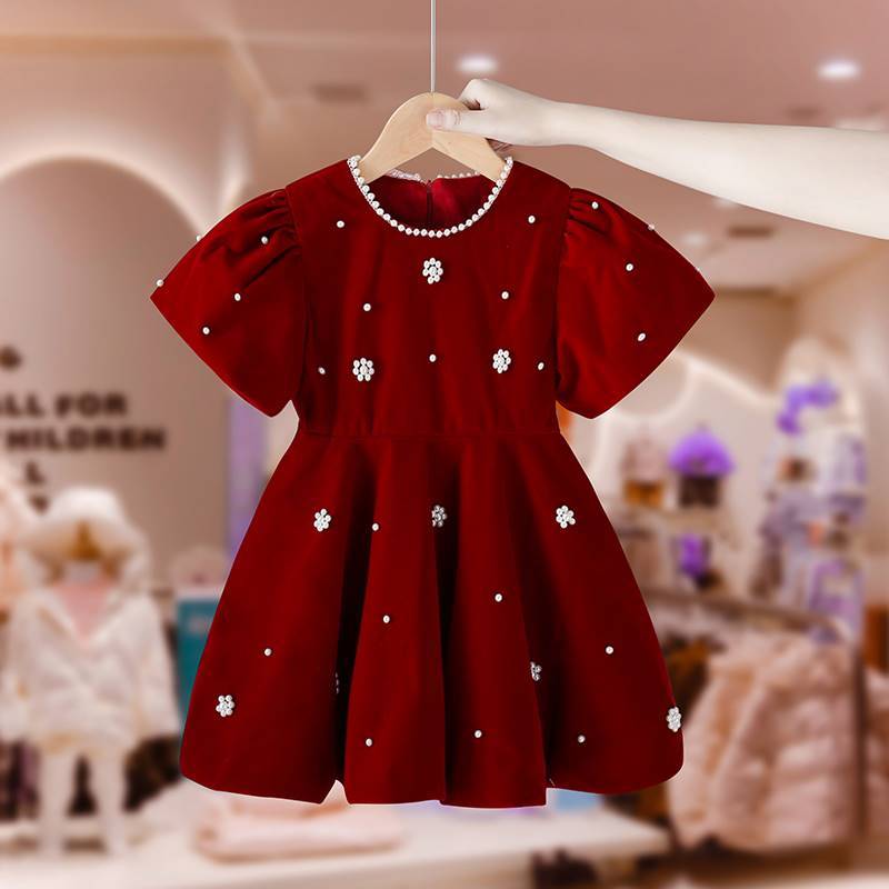 女童秋冬装圆领丝绒泡泡袖钉珠短袖裙儿童礼服加绒喜庆连衣裙
