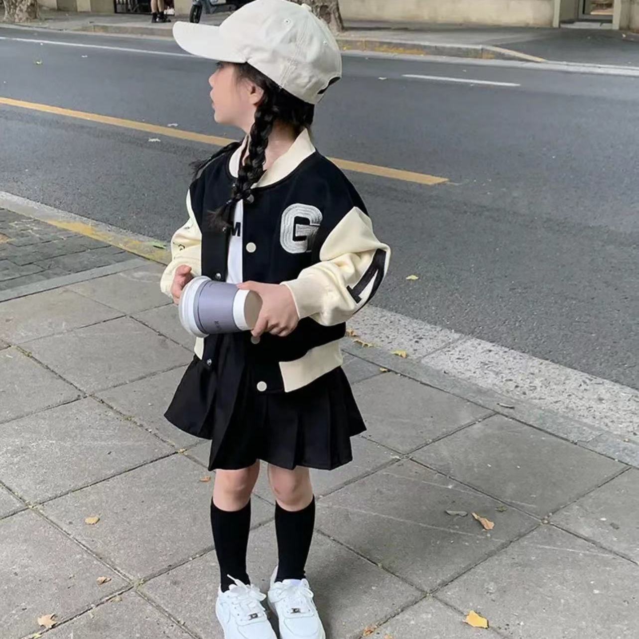 女童套装秋装新款儿童韩版时髦棒球服上衣女宝宝百褶裙两件套