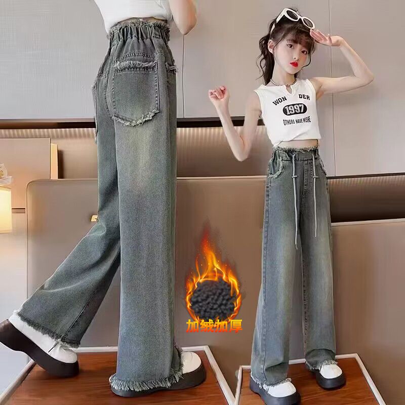 新款秋冬弹力一体绒复古蓝中大童雪尼尔加绒加厚韩版时尚裤