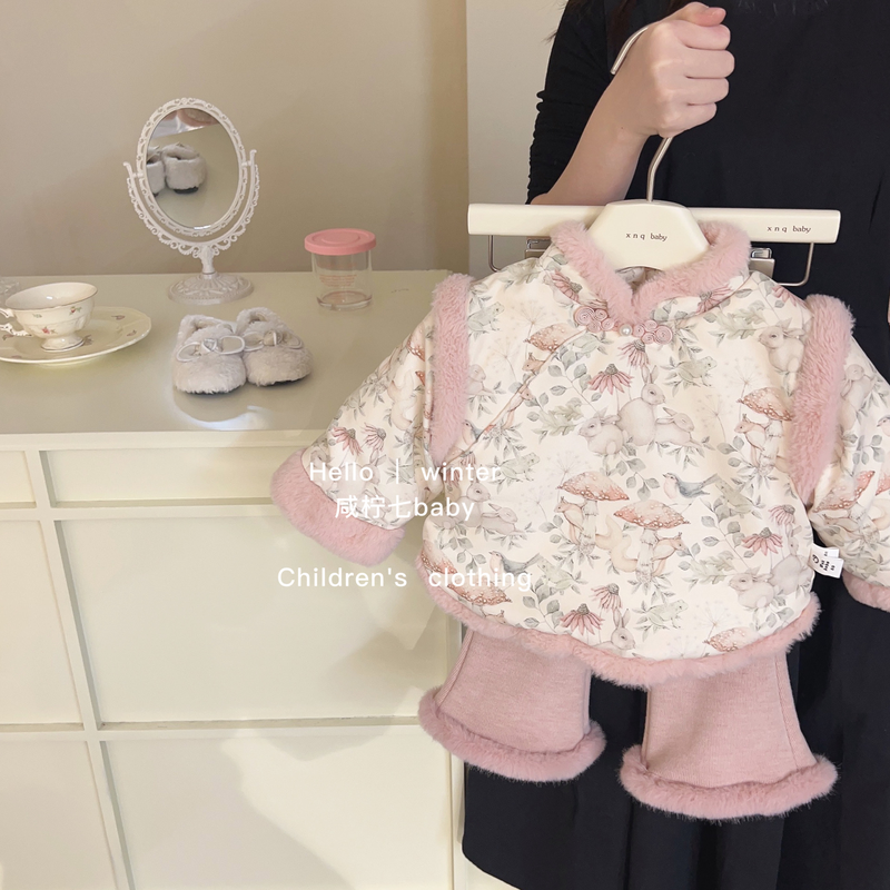 女童汉服旗袍套装冬季新款宝宝唐装中国风儿童加绒加厚拜年服