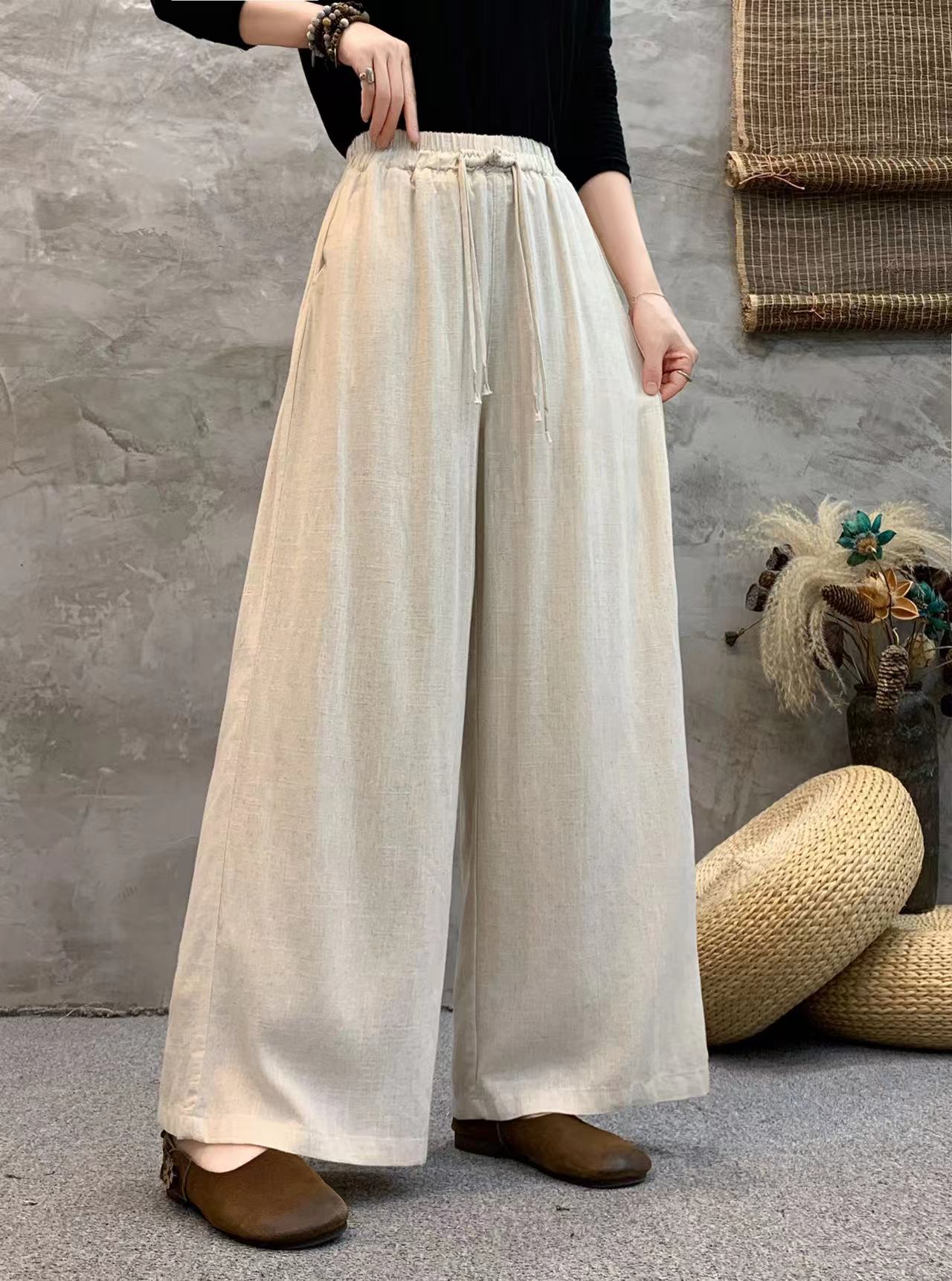 【盛涵】春季亚麻纯色宽松百搭松紧腰流苏琵琶扣双层显瘦阔腿裤女