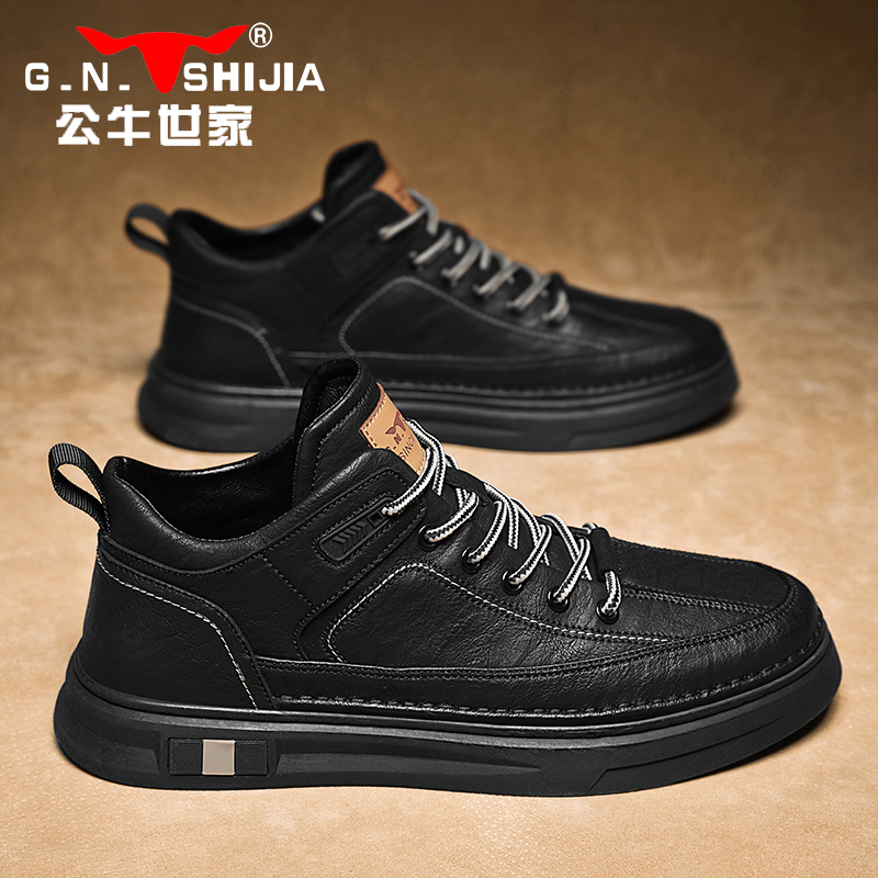 公牛世家男鞋2022新款高帮鞋秋冬英伦风男中帮黑色复古工装男鞋