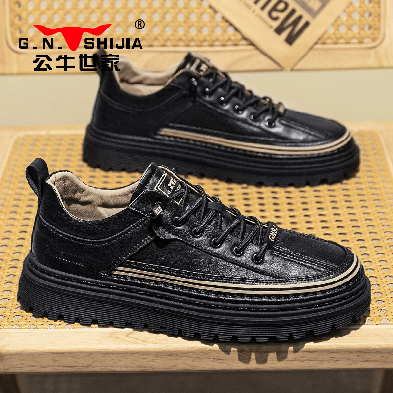公牛世家2025新款男鞋春秋皮面复古一脚蹬板鞋男透气厚底休闲运动