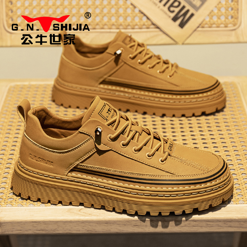 公牛世家男鞋2024新款秋季复古一脚蹬板鞋男透气厚底休闲皮鞋