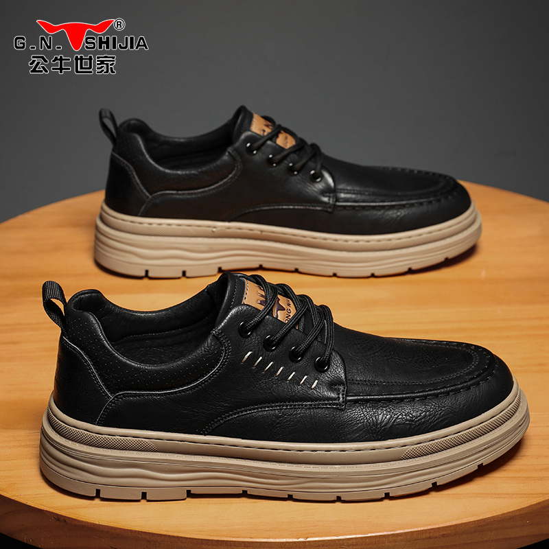 公牛世家2025春秋工装鞋皮鞋男士黑色英伦商务男款厚底皮面低帮鞋