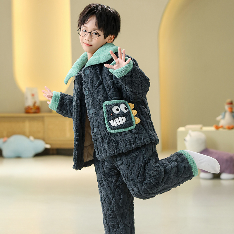 儿童睡衣男孩冬季男童三层加厚款夹棉法兰绒女童珊瑚绒家居服套装