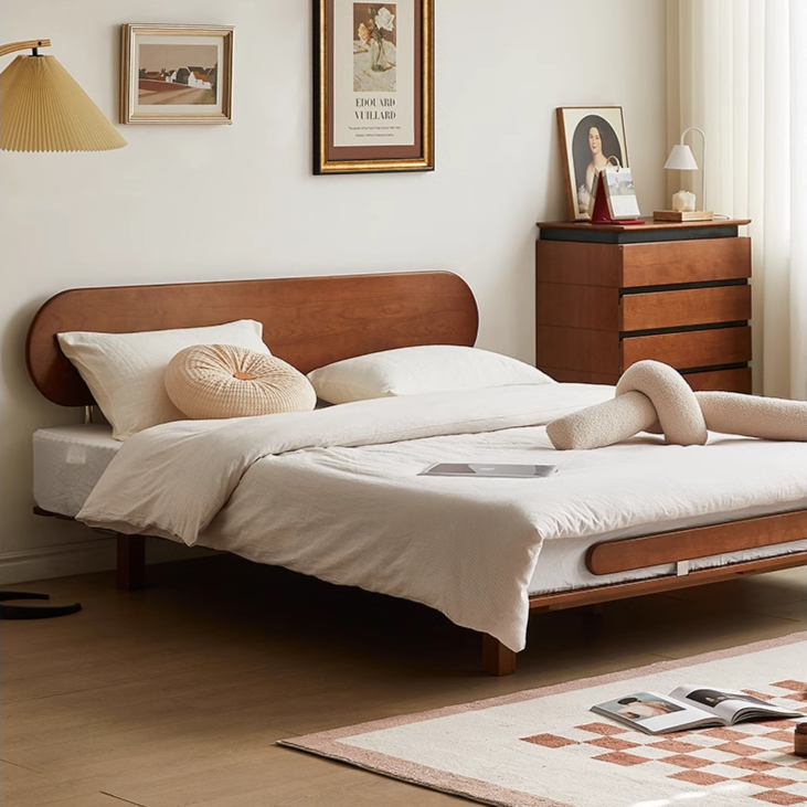 日式樱桃木榻榻米床1.8米双人床简约现代主卧悬浮床中古风齐边床