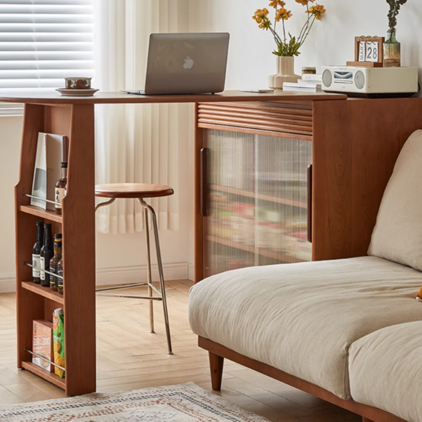 实木伸缩吧台柜客厅隔断柜樱桃木吧台玄关台收纳储物餐边柜