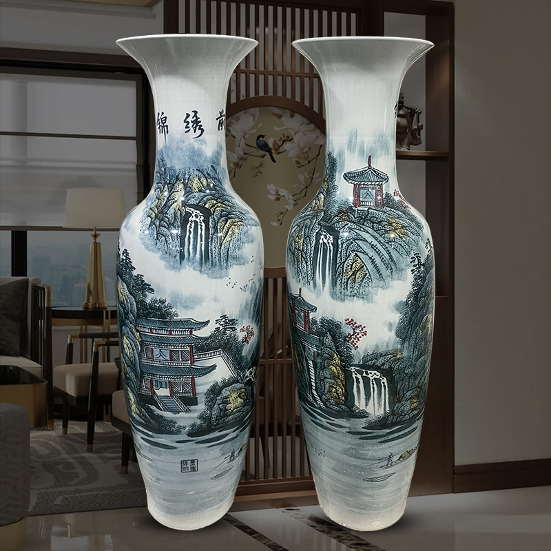 景德镇陶瓷器落地大花瓶手绘墨彩青花瓷客厅摆件酒店摆设锦绣前程