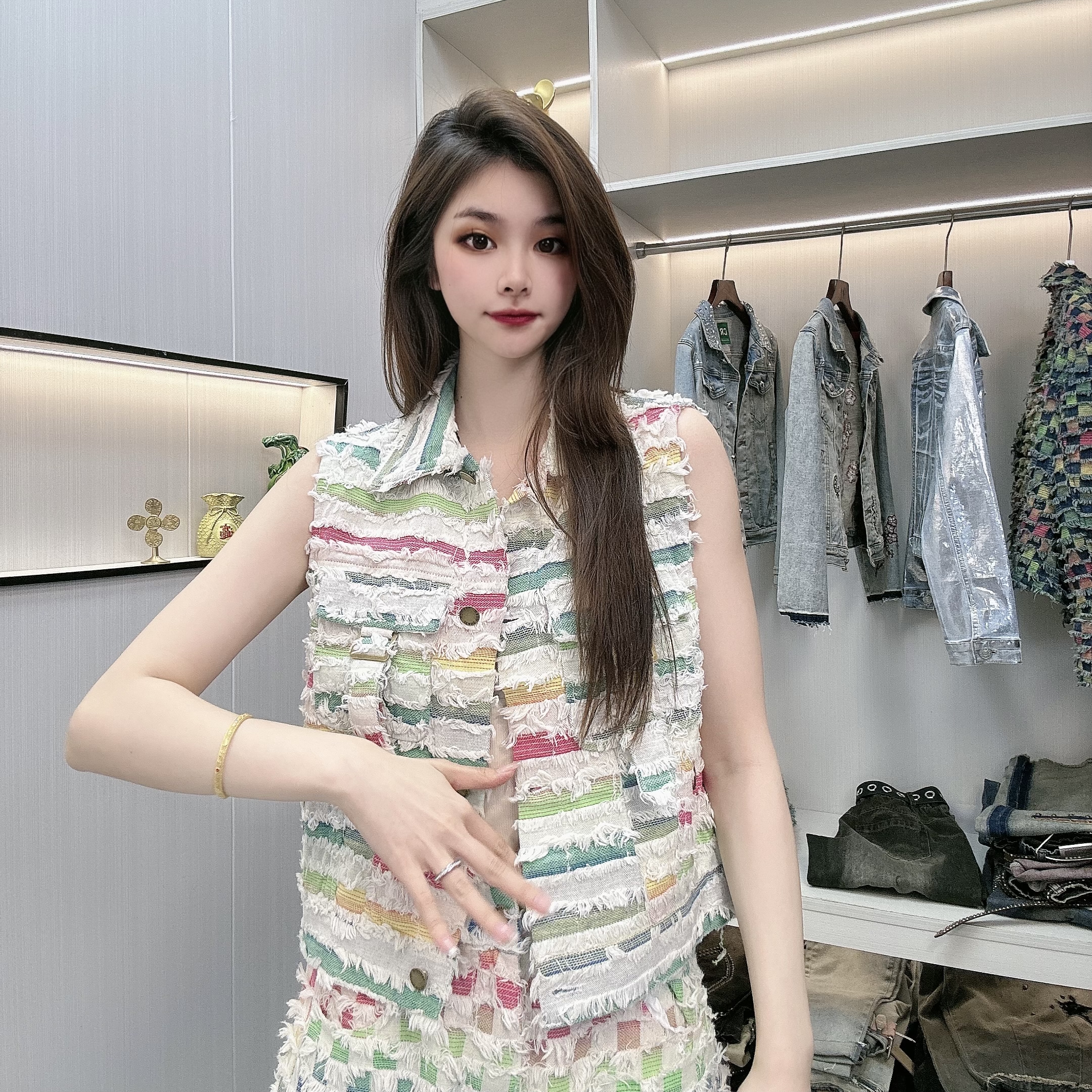 6268春季新款轻奢时尚休闲潮流无袖横条纹流苏女士马夹