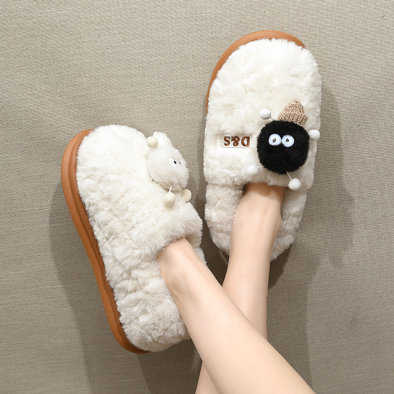 防滑耐磨黑白煤球棉拖鞋女士冬季2023新款毛绒包跟踩屎感保暖棉鞋