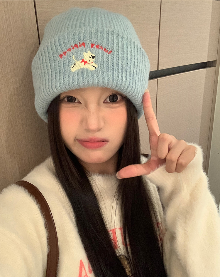 2025秋冬新款韩版刺绣小狗简约保暖百搭针织毛线显脸小冷帽